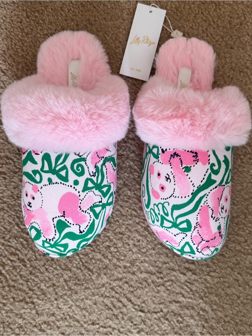 Lilly Pulitzer Pink & Green Plush Bear Slip-On Slippers